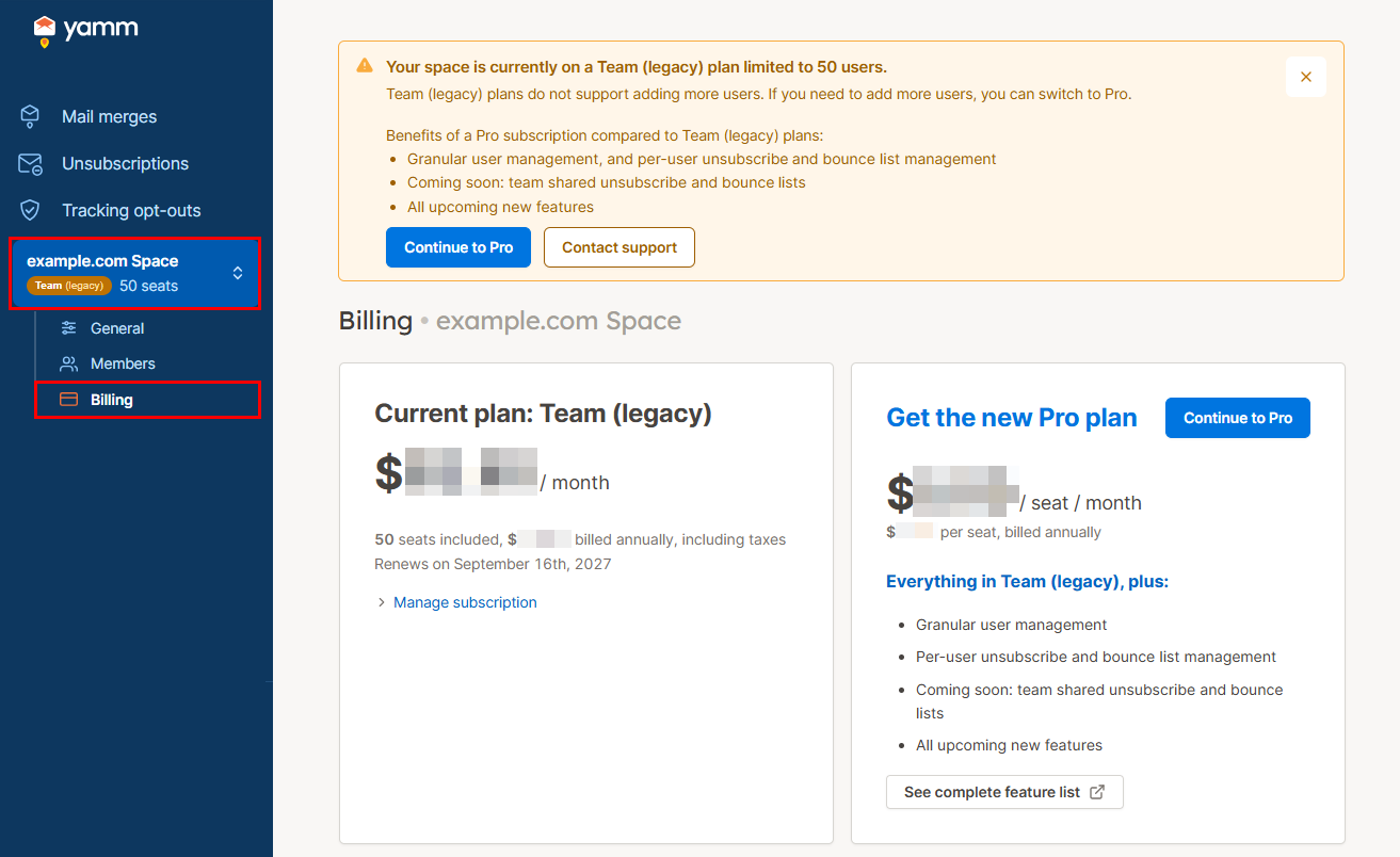 YAMM dashboard billing legacy Team plan