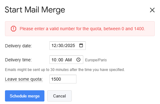 Quota validation for a scheduled mail merge