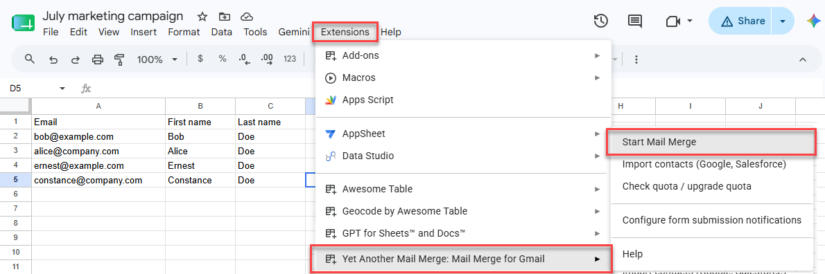 Start Mail Merge selected from the Yet Another Mail Merge add-on menu